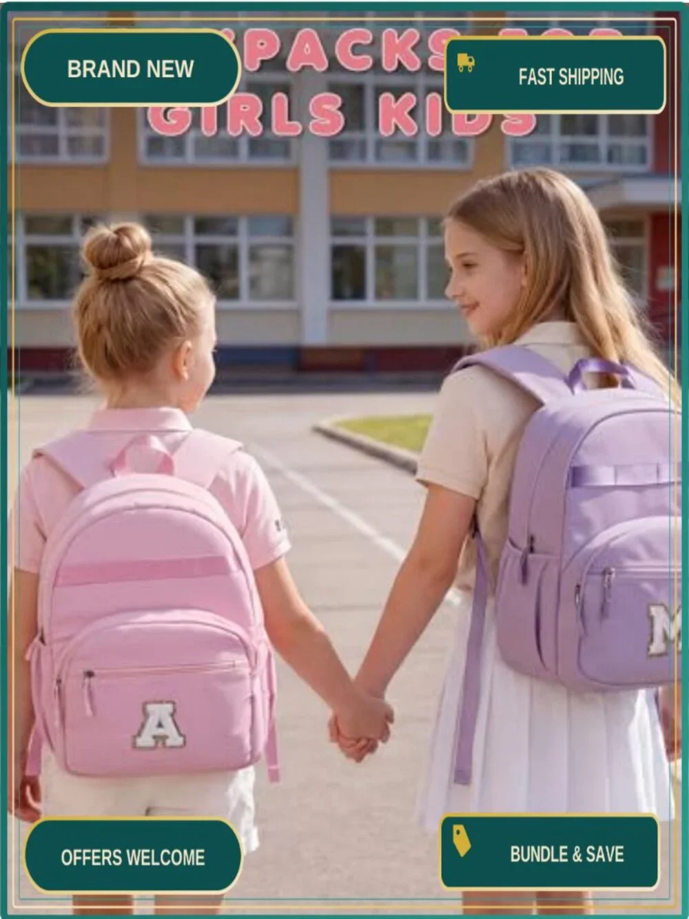 Girls Backpack for Toddler Kids School with Initial Letter